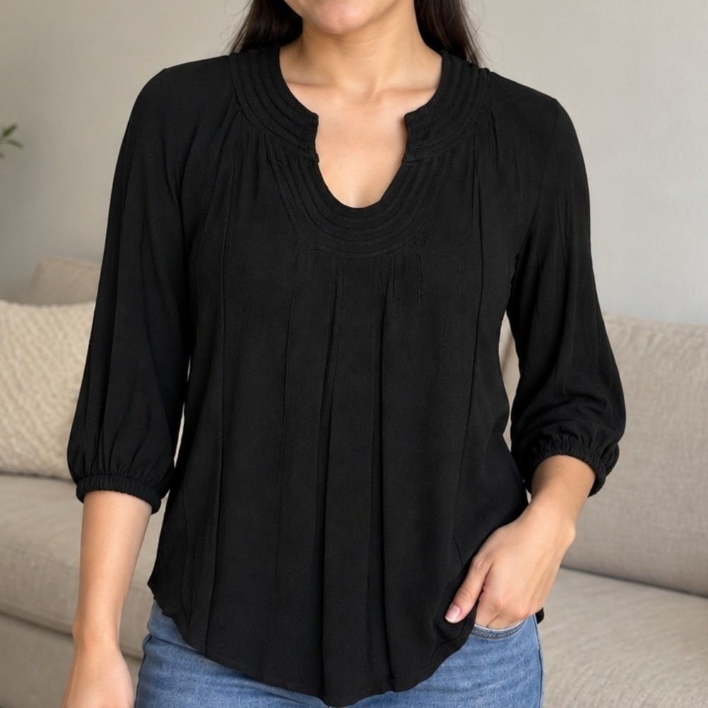 DVF Diane von Furstenberg New Acquilina Blouse Black 6 Pleated 3/4 Sleeve Chic